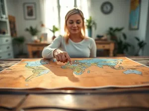 Stara mapa świata na drewnianym stole z kompasem i lupą, nawiązująca do tematyki geograficznej.