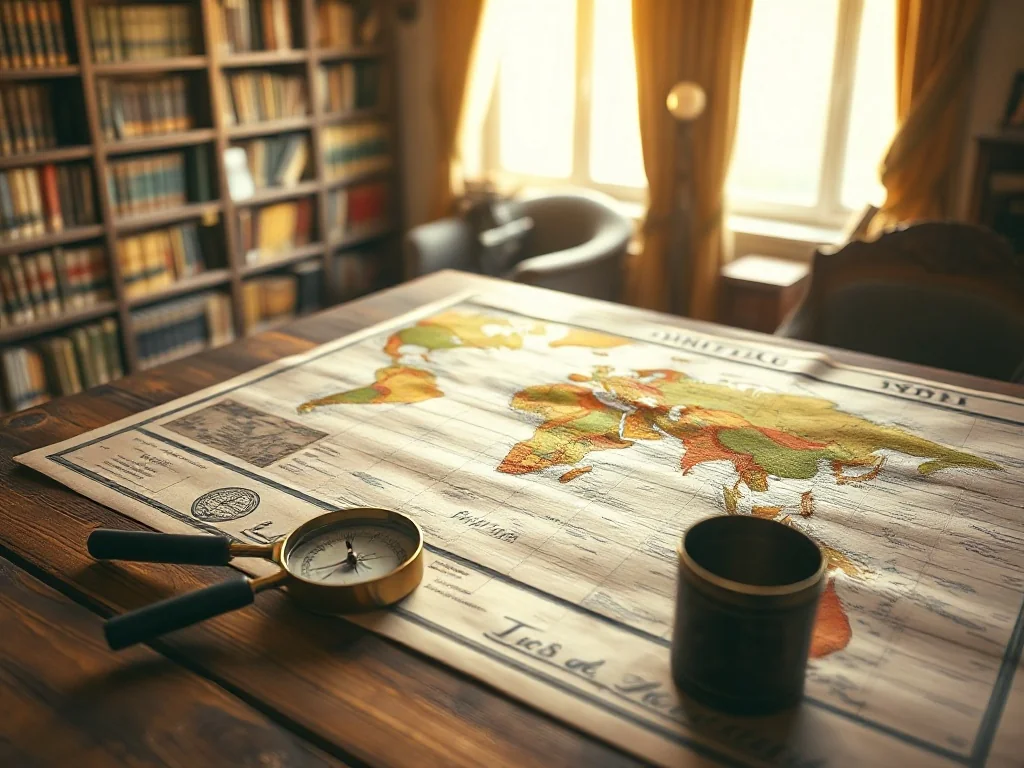 Kolorowa mapa świata rozłożona na drewnianym stole z lupą i kompasem w tle biblioteki.