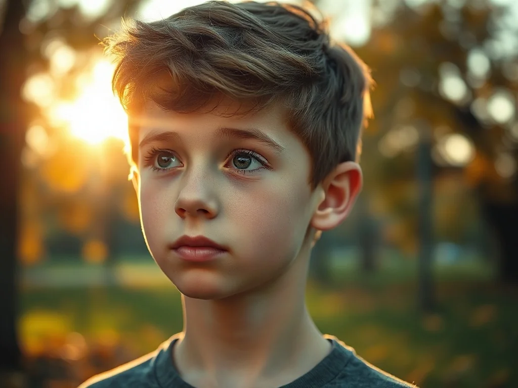 Portret młodego chłopca o europejskich rysach twarzy, zamyślonego na tle jesiennego parku w promieniach zachodzącego słońca.