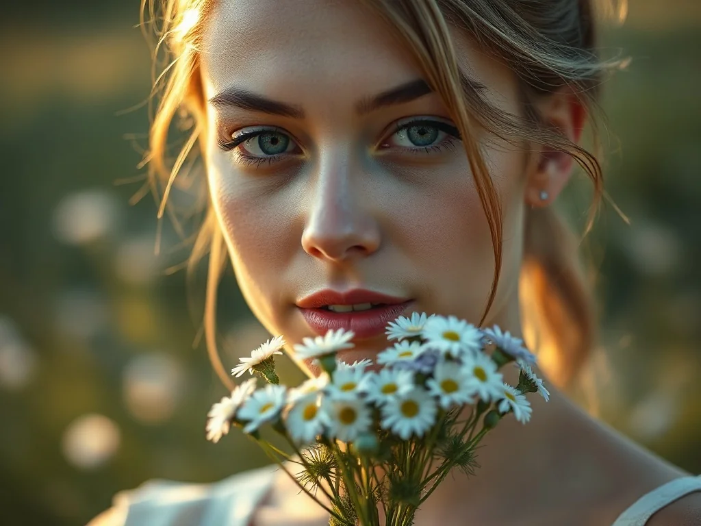 Młoda kobieta trzymająca bukiet chabrów na tle słonecznej łąki, podkreślająca naturalne piękno i delikatność.